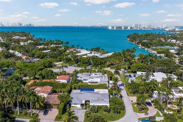 bird's eye view with a water view