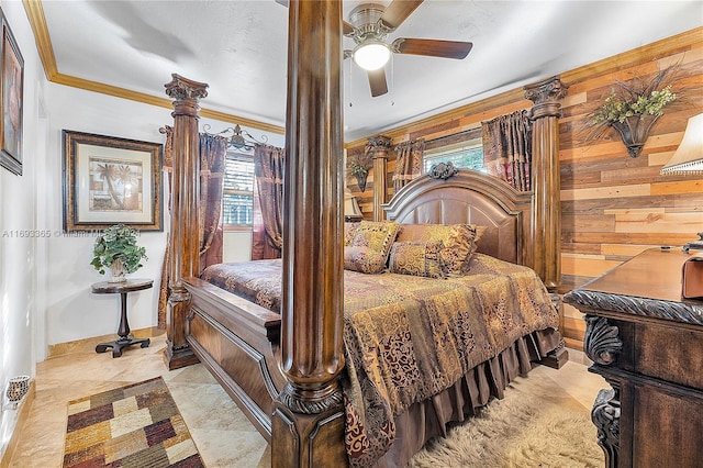 bedroom featuring ceiling fan, ornamental molding, and wooden walls