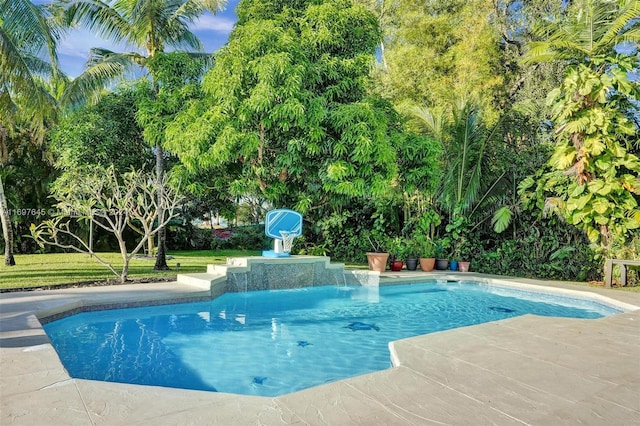 view of swimming pool with a yard