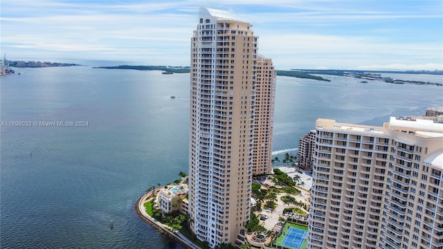 drone / aerial view featuring a water view