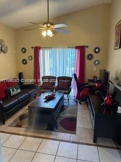 tiled living room with ceiling fan