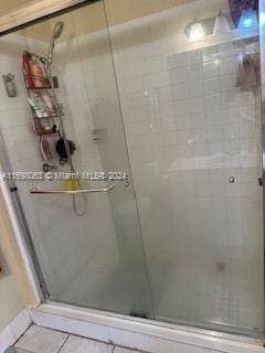 bathroom featuring a shower with shower door