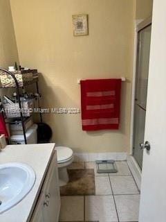 bathroom with tile patterned flooring, vanity, toilet, and a shower with shower door