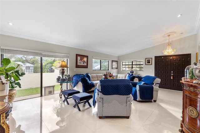 living room with a healthy amount of sunlight, lofted ceiling, ornamental molding, and light tile patterned floors