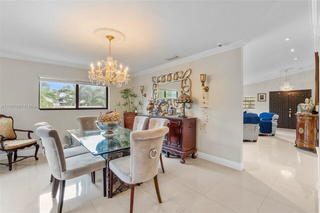 tiled dining room featuring ornamental molding, vaulted ceiling, and a notable chandelier