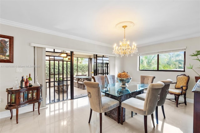 dining area with light tile patterned floors, crown molding, and a notable chandelier