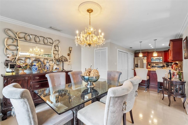 dining area featuring crown molding, light tile patterned floors, and an inviting chandelier