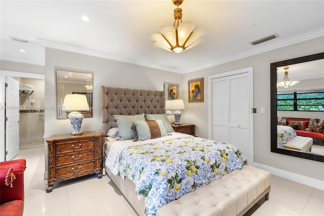 tiled bedroom featuring crown molding and a closet