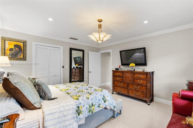 tiled bedroom with ornamental molding and a closet