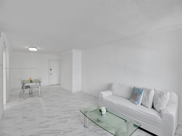 living room with a textured ceiling