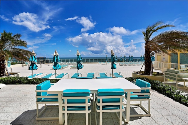 view of property's community with a water view and a patio