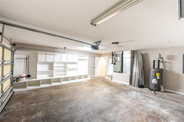 garage featuring heating unit, a garage door opener, and water heater