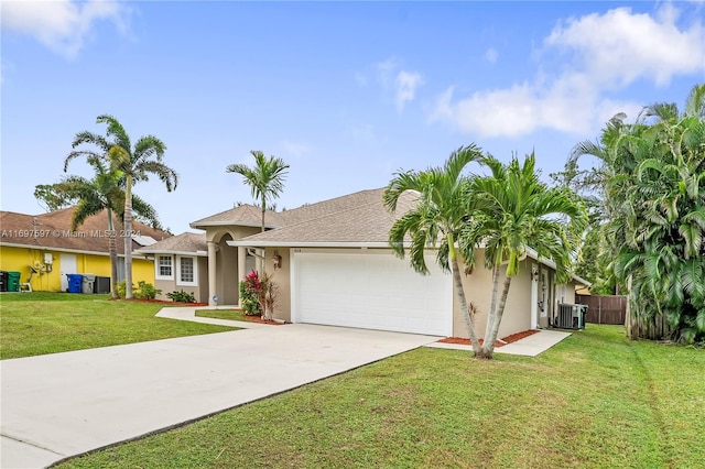 ranch-style home featuring central air condition unit, a front lawn, and a garage