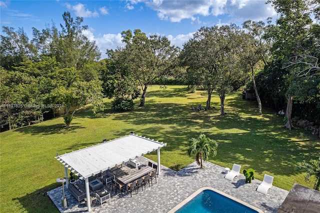 view of pool with a lawn and a patio