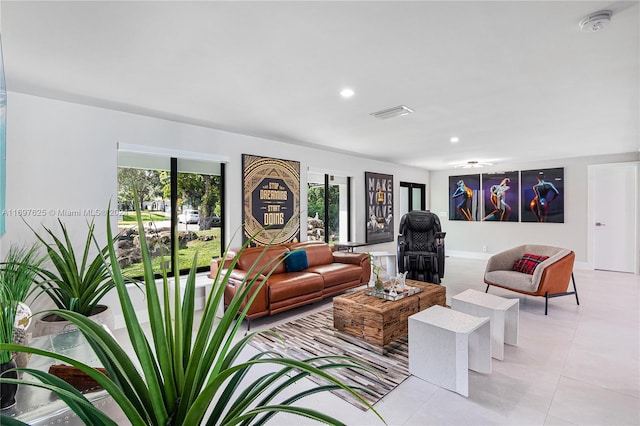 living room featuring light tile patterned floors