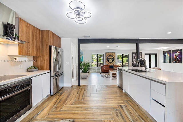 kitchen with white cabinets, sink, stainless steel appliances, and extractor fan