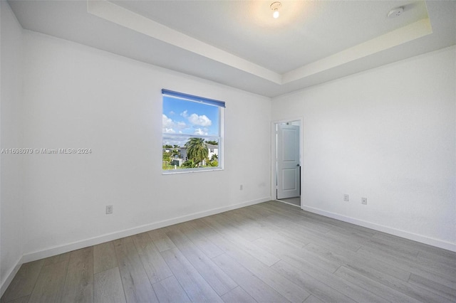 empty room with a raised ceiling and light hardwood / wood-style floors