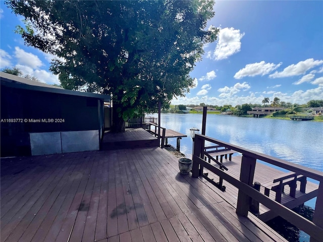 dock area with a deck with water view