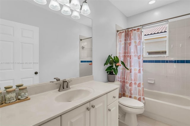 full bathroom featuring tile patterned flooring, vanity, shower / bath combination with curtain, and toilet