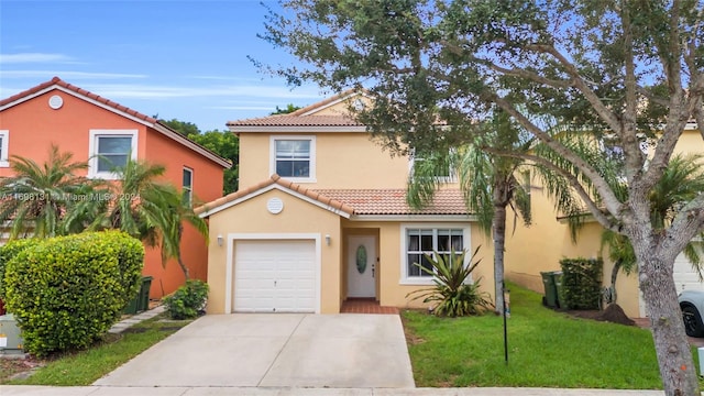 mediterranean / spanish-style home featuring a garage and a front lawn