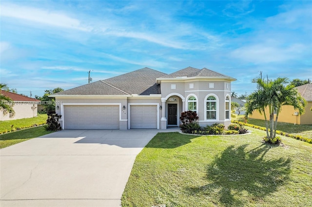 view of front of house with a front yard and a garage