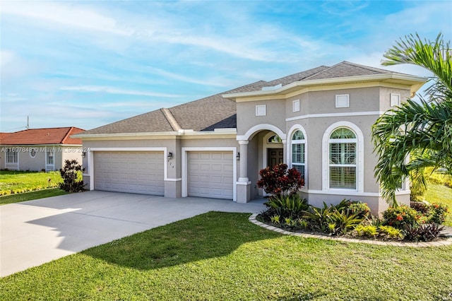 view of front of house featuring a front lawn and a garage