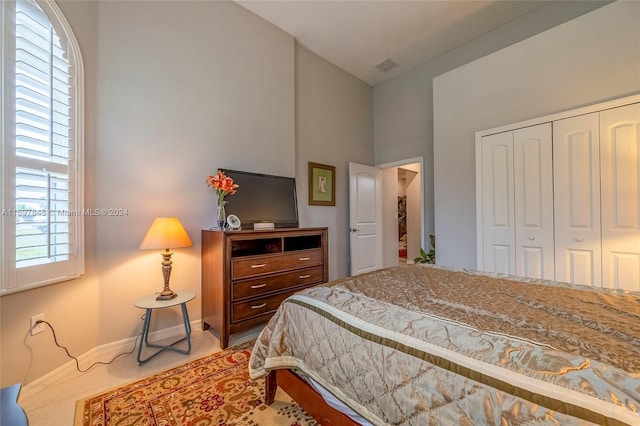 bedroom with multiple windows and a closet