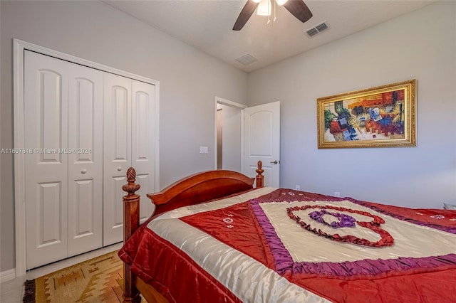 bedroom featuring ceiling fan and a closet