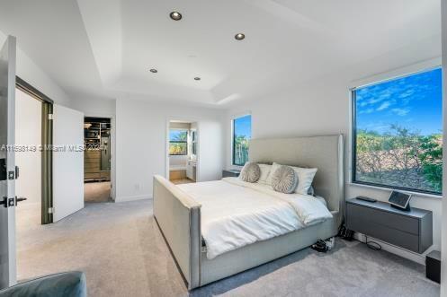 bedroom featuring a raised ceiling and light carpet