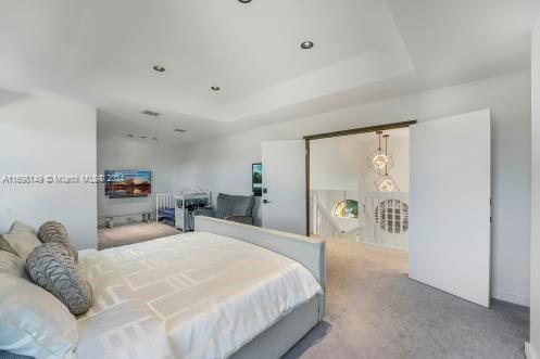 bedroom featuring a raised ceiling and carpet