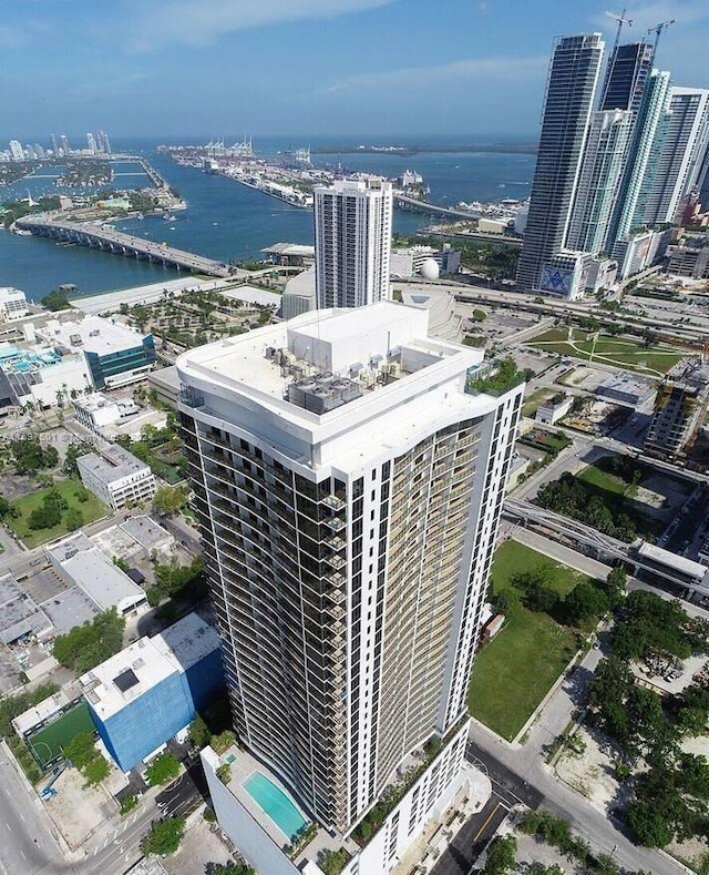 aerial view featuring a water view