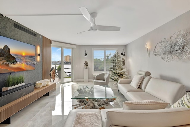 living room with ceiling fan