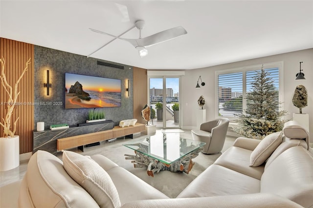 living room featuring ceiling fan