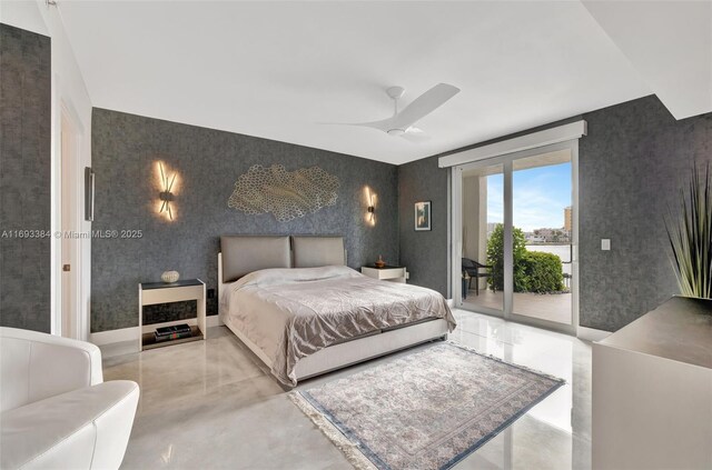 bedroom with access to outside, floor to ceiling windows, and ceiling fan