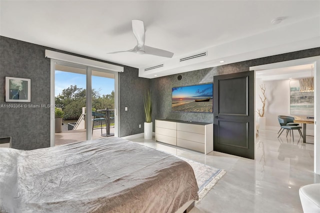 bedroom featuring access to exterior and ceiling fan