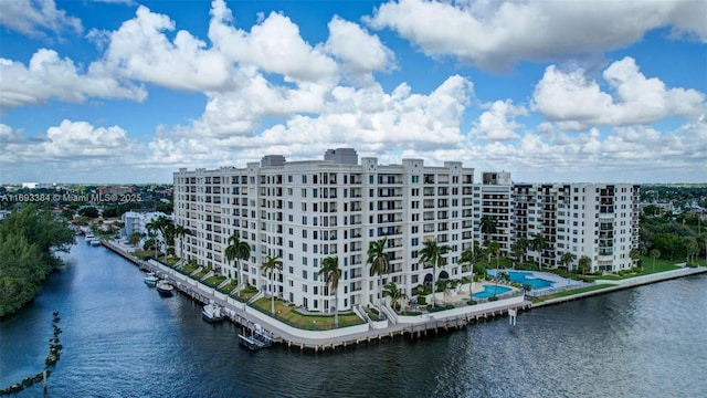 birds eye view of property featuring a water view