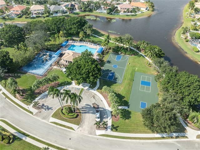 bird's eye view with a water view