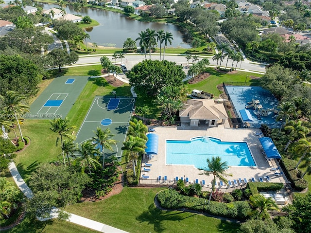 drone / aerial view with a water view