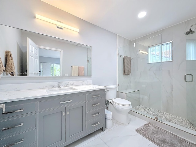 bathroom featuring toilet, vanity, and walk in shower