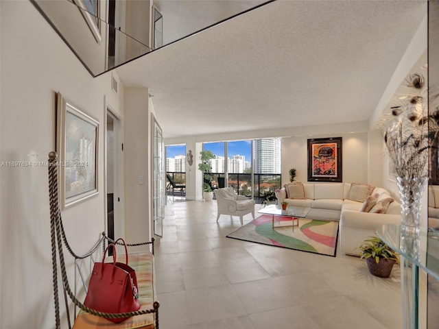 living room featuring a textured ceiling