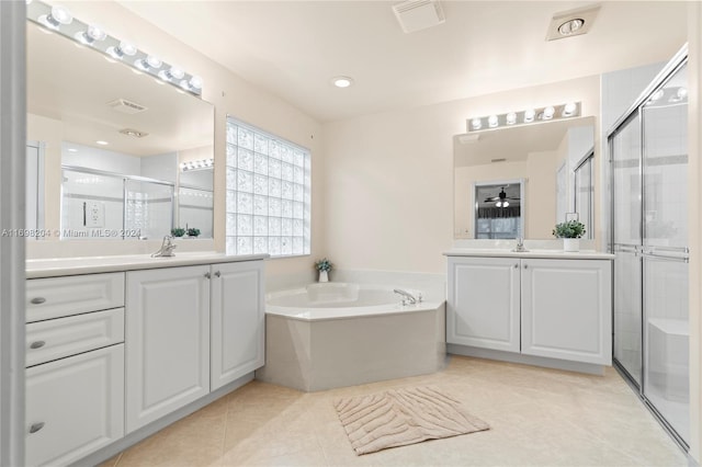 bathroom with vanity, tile patterned floors, ceiling fan, and independent shower and bath