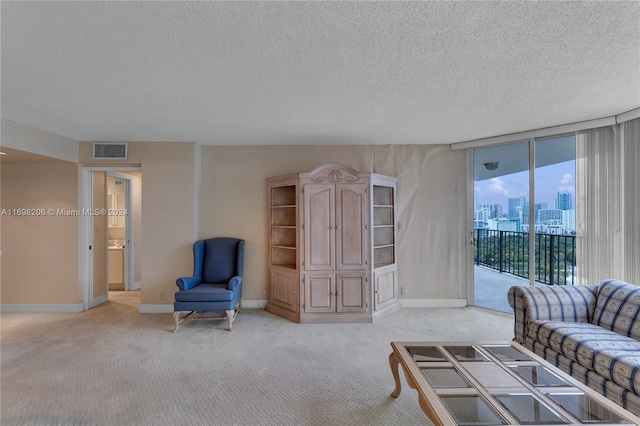 carpeted living room featuring a textured ceiling and expansive windows