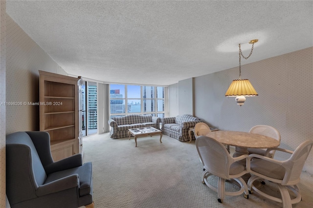 carpeted living room featuring a textured ceiling