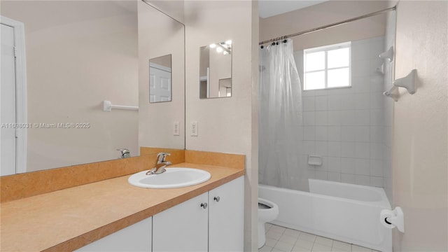 full bathroom featuring tile patterned flooring, shower / bath combo, toilet, and vanity