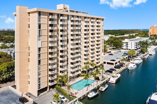 view of building exterior with a water view