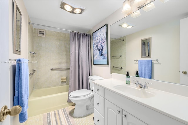 bathroom with toilet, visible vents, vanity, tile patterned floors, and shower / bath combination with curtain