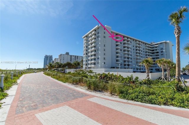 view of building exterior with a city view