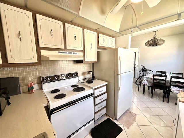 kitchen with decorative backsplash, ceiling fan, white appliances, and light tile patterned floors