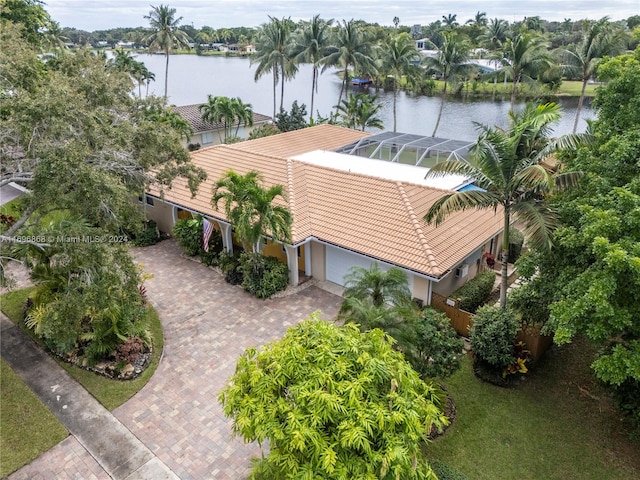 drone / aerial view with a water view