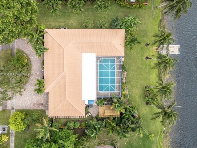 aerial view featuring a water view